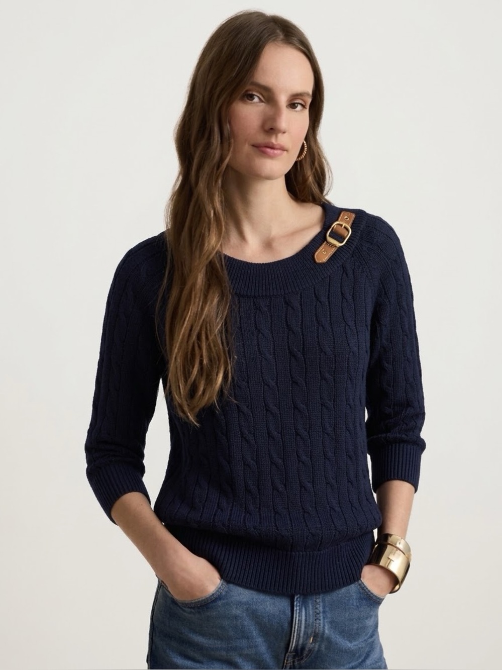 RALPH LAUREN Women's Cotton-blend Neck Buckle Cable Knit Sweater - Blue, Large